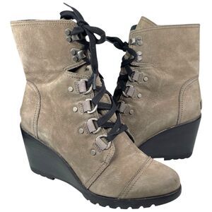 Sorel After Hours Taupe Gray Lace Up Wedge Heel Winter Boots Women’s Size 9.5